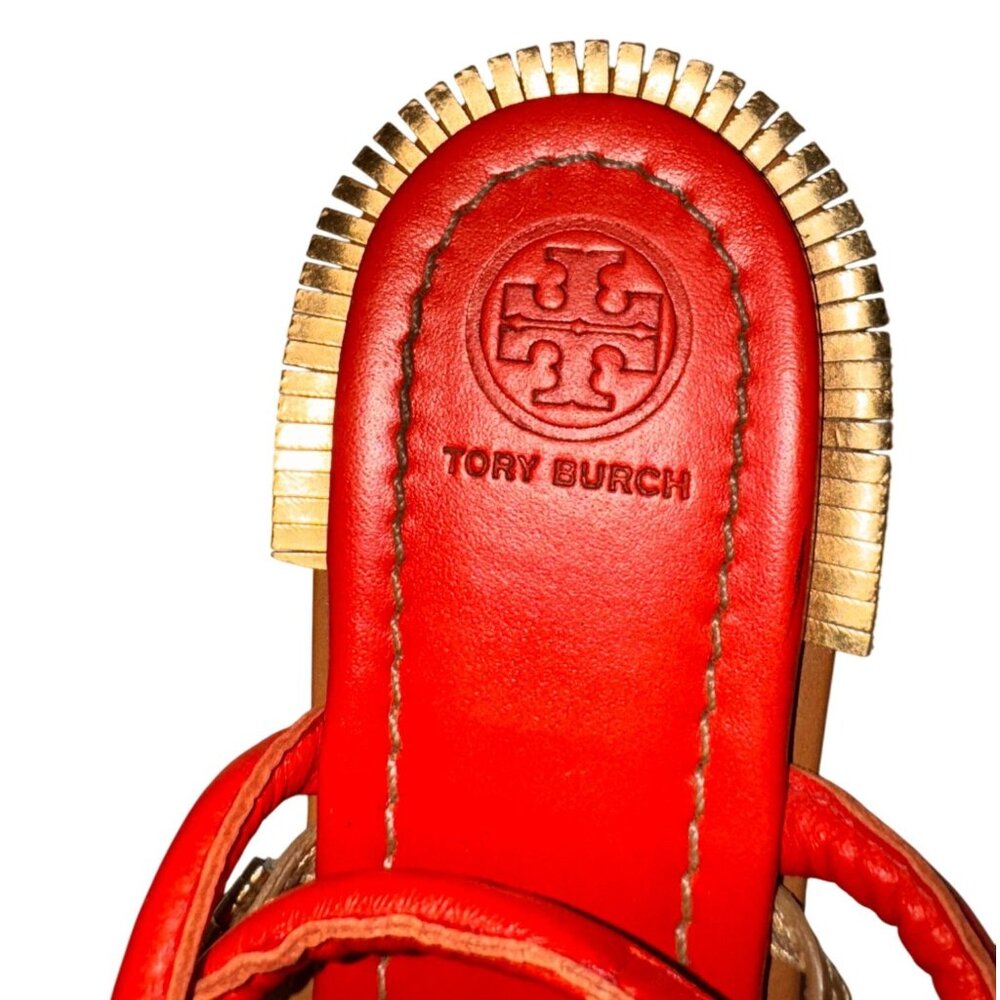 Tory Burch Shell Embellished Red Strappy Sandals Gold Accents Size 9 - Picture 4 of 6